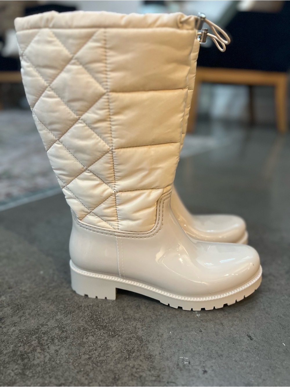 Marc Fisher Quilted Ivory Cream Glossy Rain Boots